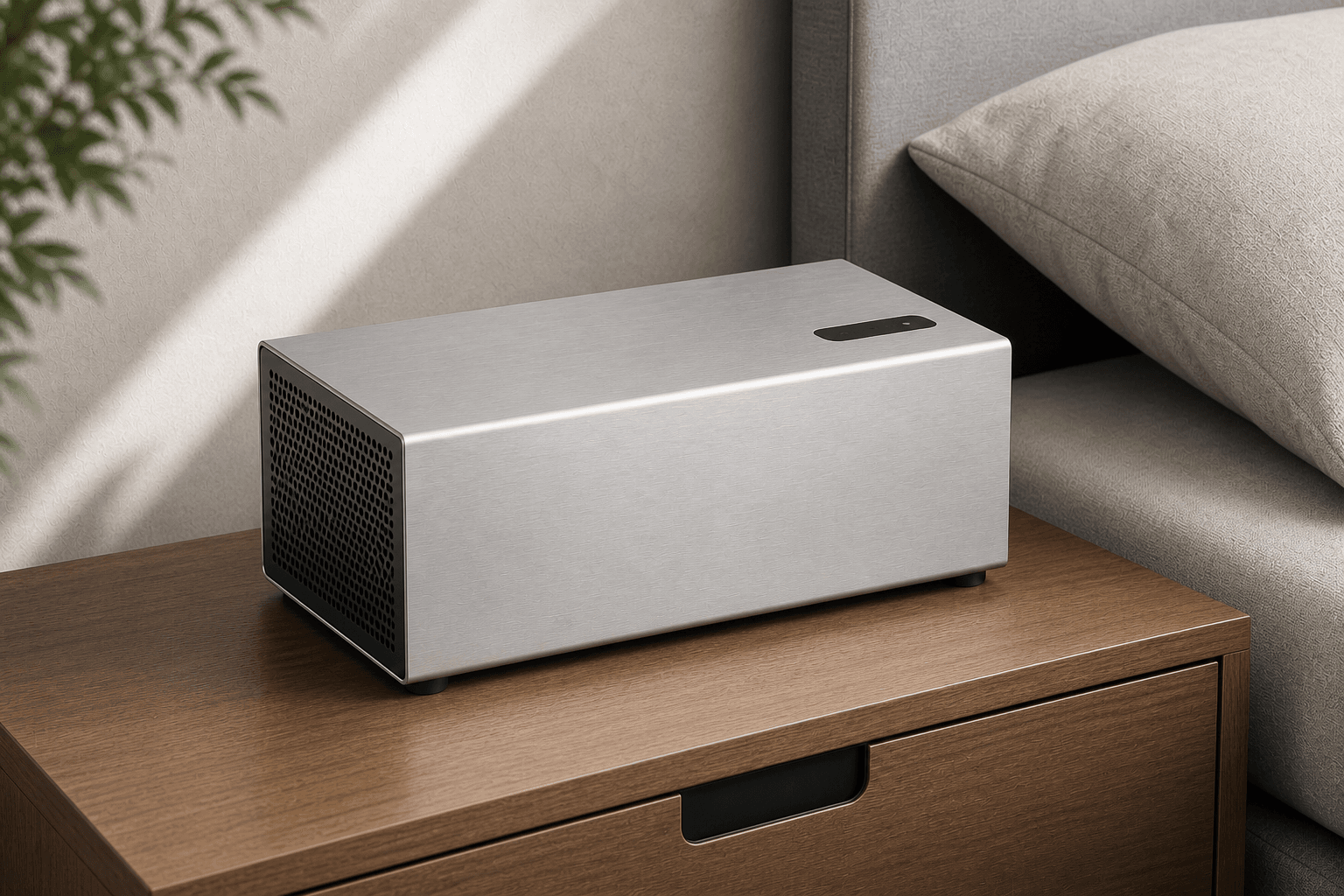 Brushed-aluminum Phase bedside cooling unit on a wood nightstand beside a pillow